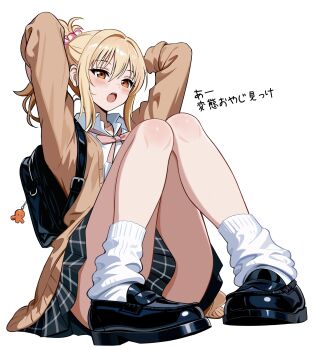 1girl absurdres backpack bag bag_charm black_skirt blonde_hair blush brown_cardigan brown_eyes cardigan charm_(object) collared_shirt commentary gyaru hair_between_eyes hair_ornament hair_scrunchie highres knees_up loafers long_sleeves loose_socks love_live! love_live!_nijigasaki_high_school_idol_club miyashita_ai open_mouth pleated_skirt scrunchie shirt shoes sidelocks simple_background sitting skirt socks solo thighs white_background white_shirt white_socks zaofeng