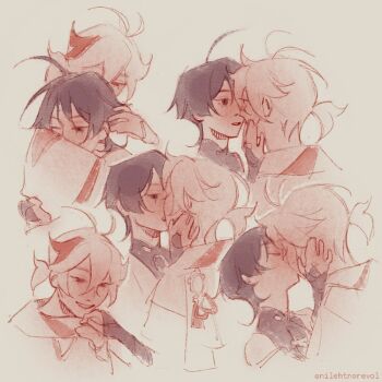 2boys antenna_hair artist_name back black_bridal_gauntlets black_eyes black_hair black_shirt blunt_ends blush bridal_gauntlets closed_eyes cropped_head double-parted_bangs enilehtnorevol eye_contact from_side genshin_impact half-closed_eyes hand_on_own_cheek hand_on_own_face head_on_another&#039;s_shoulder holding_hands kaedehara_kazuha kiss looking_at_another low_ponytail mandarin_collar multiple_boys multiple_views one_eye_closed parted_bangs parted_lips ponytail red_eyes red_streaks scaramouche_(genshin_impact) shirt short_ponytail single_hair_streak sleeveless sleeveless_shirt smile teeth wanderer_(genshin_impact) watercolor_effect white_background white_hair white_shirt wolf_cut yaoi