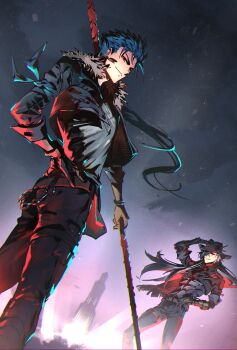 2boys absurdres amalgam4242 armband armor belt black_armor black_gloves black_hair black_hat black_jacket black_pants black_sky blue_armband blue_hair boothill_(honkai:_star_rail) brown_belt brown_gloves bullet_earrings cape closed_mouth commentary cowboy_hat cowboy_shot cu_chulainn_(fate) cu_chulainn_(honkai:_star_rail)_(fate) cu_chulainn_(lancer)_(fate) cyborg earrings english_commentary fate/stay_night fate/unlimited_blade_works fate_(series) floating_hair from_side fur-trimmed_jacket fur_trim gloves gradient_sky grey_armor grey_eyes grey_hair grey_shirt hand_on_headwear hand_on_own_hip hand_up hat hat_feather hat_ornament highres holding holding_polearm holding_weapon honkai:_star_rail honkai_(series) jacket jewelry long_hair long_sleeves looking_at_viewer low_ponytail male_focus multicolored_hair multiple_boys night night_sky open_clothes open_jacket outdoors pants pink_sky polearm ponytail prosthesis prosthetic_arm prosthetic_hand red_cape red_eyes sharp_teeth sheriff_badge shirt sky smile spear standing star_(sky) starry_sky teeth tower two-tone_armor two-tone_hair v-shaped_eyebrows weapon zipper