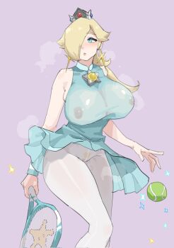 1girl aqua_eyes ball bare_shoulders blonde_hair blonde_pubic_hair blush breasts covered_erect_nipples cross cross_earrings crown dress earrings green_dress hair_over_one_eye highres holding holding_racket huge_breasts jewelry lips long_hair mario_(series) nintendo no_panties nose_blush pantyhose pussy_juice_stain racket rosalina simple_background skindentation stank star_(symbol) steaming_body sweat tennis_ball tennis_racket white_pantyhose wind wind_lift