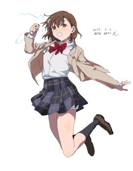 Rule 34 | 1girl, asymmetrical bangs, black socks, blazer, bow, bowtie, brown eyes, brown hair, brown jacket, brown shoes, coin, collared shirt, dated, electricity, electrokinesis, grey skirt, hair ornament, hairpin, highres, holding, holding coin, jacket, jumping, kneehighs, loafers, long sleeves, looking at viewer, miniskirt, misaka mikoto, parted lips, plaid clothes, plaid skirt, red bow, red bowtie, school emblem, school uniform, shirt, shirt tucked in, shoes, short hair, shorts, shorts under skirt, skirt, smile, socks, solo, takatisakana, toaru kagaku no railgun, toaru majutsu no index, tokiwadai school uniform, white shirt, winter uniform