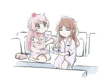 2girls bang_dream! bang_dream!_it&#039;s_mygo!!!!! bite_mark_on_leg brown_hair camisole chihaya_anon closed_eyes commentary_request couch cup dress grey_eyes hair_dryer holding holding_cup holding_teapot injury long_hair lyy multiple_girls nagasaki_soyo pajamas pink_camisole pink_hair pink_shirt pink_shorts pouring scrape shirt shorts sidelocks single_off_shoulder sitting teapot white_dress yuri