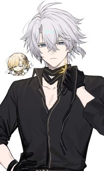 Rule 34 | 1boy, 1girl, aglaea (fashion) (honkai: star rail), aglaea (honkai: star rail), antenna hair, black gloves, black shirt, blue eyes, chibi, chibi inset, closed mouth, clothes hanger, commentary request, earrings, gloves, hand on own hip, highres, holding, holding clothes hanger, holding scissors, honkai: star rail, honkai (series), jewelry, korean commentary, light frown, male focus, neck tattoo, official alternate costume, phainon (fashion) (honkai: star rail), phainon (honkai: star rail), scissors, shirt, short hair, simple background, single earring, solo focus, sp0i0ppp, tattoo, upper body, white background, white hair, yellow pupils