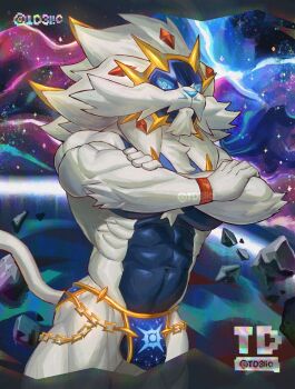 1boy abs animal_ears artist_logo artist_name bara blue_male_underwear bulge closed_mouth commentary crossed_arms english_commentary furry furry_male gen_7_pokemon highres legendary_pokemon lion_boy lion_ears lion_mane lion_tail logo looking_at_viewer male_focus male_underwear muscular muscular_male navel nintendo pectorals pokemon pokemon_(creature) solgaleo space star_(sky) tail topless_male tropical_d3lic twitter_username underwear watermark