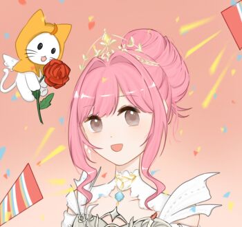 Rule 34 | 1girl, angel wings, animal, armor, birthday, black eyes, blunt bangs, breastplate, brown eyes, cat, chinese commentary, cloak, clothed animal, clothing cutout, collar, collarbone, commentary request, confetti, detached collar, dot nose, dress, ear covers, feathered wings, flower, gold tiara, hair bun, hair intakes, happy, holding, holding flower, hood, hood up, hooded cloak, infinity nikki, light blush, looking at another, melody bloom (infinity nikki), momo (nikki), nikki (nikki), nikki (series), open mouth, orange background, party popper, pink hair, red flower, red rose, rose, short hair with long locks, short sleeves, shoulder cutout, sidelocks, simple background, single hair bun, smile, solid oval eyes, updo, upper body, wavy hair, whiskers, white cat, white collar, white dress, white wings, winged animal, wings, yellow cloak, yuanzhangliu