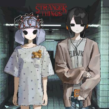 2girls black_eyes black_hair blunt_bangs cardigan cassette_player clothes_writing commentary copyright_name cosplay cowboy_shot denim earphones eleven_(stranger_things) eleven_(stranger_things)_(cosplay) empty_eyes english_text grey_jacket grey_shirt hallway headgear headphones headphones_around_neck highres holding holding_cassette_player hospital_gown indoors jacket jeans long_sleeves looking_at_viewer low_twintails medium_hair multiple_girls no_pupils open_clothes open_jacket original oversized_clothes pants photo_background portable_media_player print_shirt shirt short_hair short_sleeves short_twintails sleeves_past_wrists smile standing stranger_things stuffed_animal stuffed_toy susushi_11 t-shirt teddy_bear tile_wall tiles twintails walkman wire