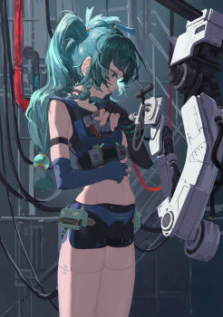 1girl absurdres android asymmetrical_gloves black_gloves black_shorts blue_gloves blunt_bangs braid cowboy_shot elbow_gloves fingerless_gloves gloves green_eyes green_hair hair_ornament highres indoors long_hair looking_down machine midriff mismatched_gloves navel open_mouth police police_uniform policewoman qingyi_(zenless_zone_zero) shorts side_braids sidelocks solo sphere_hair_ornament standing twintails zenless_zone_zero zigou