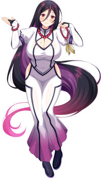 1girl bead_bracelet bead_necklace beads black_hair blush bracelet breasts choukou_(alicesoft) choukou_taisen_escalation_heroines cleavage cleavage_cutout clothing_cutout dress highres hip_vent horosuke jewelry long_hair looking_at_viewer mole necklace official_art red_eyes shitsukuhiba_kaori smile solo tachi-e white_dress