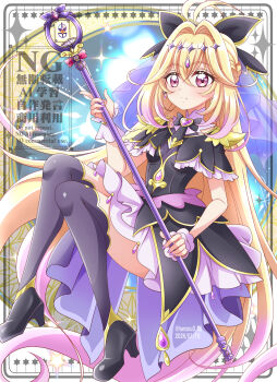 1girl antenna_hair black_bow black_capelet black_dress black_shoes black_thighhighs blonde_hair blush bow braid brooch capelet closed_mouth commentary_request crossed_bangs cure_arcana_shadow dated diamond_hairband dot_nose dress earrings frilled_capelet frills full_body gradient_hair hair_between_eyes hair_bow hair_intakes hanzou heart heart_brooch heart_in_eye highres holding holding_staff jewelry layered_dress long_hair looking_at_viewer magical_girl meitantei_precure! moria_luluka multicolored_hair pink_hair precure purple_eyes purple_veil shoes smile solo split_mouth staff symbol_in_eye tear_arcana_rod thighhighs twitter_username veil very_long_hair watermark white_wrist_cuffs wrist_cuffs