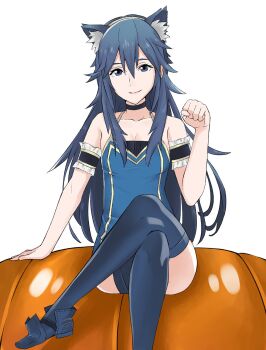 1girl animal_ears ass blue_eyes blue_hair blush cat_ears female_focus fire_emblem fire_emblem_awakening fire_emblem_heroes halloween highres j@ck long_hair looking_at_viewer lucina_(fire_emblem) nintendo panties pumpkin simple_background smile solo thighhighs tiara underwear