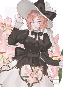 1girl black_bow black_dress blue_eyes bow buttons commentary_request detached_collar dress flower flower_request hat highres light_blush long_sleeves looking_at_viewer mege_(megechan) orange_hair original short_hair simple_background sleeves_past_wrists solo tagme white_background