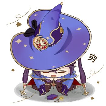 1girl artist_name black_pantyhose chinese_commentary closed_eyes coin commentary_request falling_leaves from_above full_body genshin_impact hat highres kneeling leaf long_hair mona_(genshin_impact) on_ground pantyhose partially_translated purple_hair purple_hat solo translation_request twintails wallet wang15643756260 wavy_mouth witch_hat