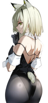 1girl animal_ear_fluff animal_ears arknights ass ass_focus back bare_shoulders black_gloves black_leotard black_pantyhose cat_ears commentary detached_collar from_behind gloves green_eyes green_hair highleg highleg_leotard kal'tsit_(arknights) leotard looking_at_viewer pantyhose playboy_bunny shoulder_blades simple_background solo standing strapless strapless_leotard tail white_background z_(knkr1025)