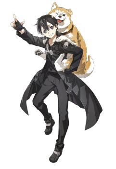 1boy ;d animal_on_back artist_request black_coat black_eyes black_gloves black_hair black_pants black_shirt coat collarbone dog fingerless_gloves full_body gloves grin highres kirito long_hair long_sleeves male_focus one_eye_closed open_mouth pants pointing second-party_source shiba_inu shirt short_hair simple_background smile solo standing sword_art_online teeth tongue white_background