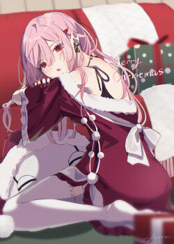 1girl 1other a-tora alternate_costume bare_shoulders blurry blurry_background christmas christmas_present commentary earrings fyu-neru gift guilty_crown hair_between_eyes hair_ornament hairclip highres jewelry long_hair looking_at_viewer merry_christmas necklace necktie off_shoulder pink_hair red_eyes red_necktie signature solo_focus thighhighs upper_body white_thighhighs yuzuriha_inori