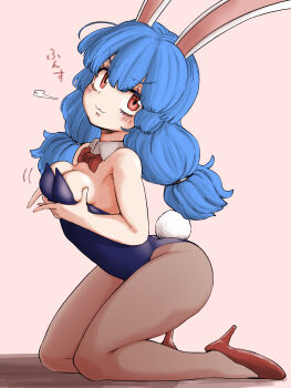 1girl :3 absurdres animal_ears blue_hair blue_leotard blush bow bowtie breasts closed_mouth collar commentary_request full_body grabbing_own_breast hair_between_eyes high_heels highres kneeling legs leotard long_hair looking_at_viewer low_twintails medium_breasts pantyhose playboy_bunny rabbit_ears rabbit_girl rabbit_tail red_bow red_bowtie red_eyes red_shoes seiran_(touhou) shika_miso shoes smile solo tail thighs touhou twintails