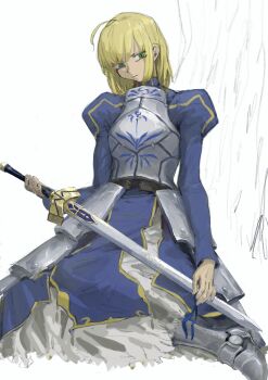 absurdres ahoge armor artoria_pendragon_(fate) blonde_hair blue_dress breastplate commentary dress english_commentary excalibur_(fate/stay_night) fate/stay_night fate_(series) hair_down highres holding holding_sword holding_weapon long_hair piu_(pengtaipxv2014) saber_(fate) sitting solo sword weapon white_background