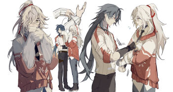 2boys alternate_costume bandaged_head bandages blue_hair flying_sweatdrops full_body highres honkai:_star_rail honkai_(series) jacket jing_yuan long_hair long_sleeves looking_at_another male_focus mississipping multiple_boys multiple_views necktie pants parted_bangs ponytail red_ribbon ribbon simple_background sleeves_past_fingers sleeves_past_wrists sleeves_rolled_up sweater white_background white_hair yellow_eyes