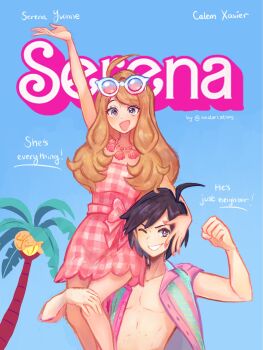 Rule 34 | 1boy, 1girl, :d, ahoge, alolan exeggutor, alolan form, arm up, barbie (character), barbie (character) (cosplay), barbie (franchise), barbie (live action), black hair, character name, collared shirt, commentary, constarlations, cosplay, day, dress, english text, gen 7 pokemon, grin, happy, highres, jewelry, ken (barbie), ken (barbie) (cosplay), long hair, necklace, nintendo, open clothes, open mouth, open shirt, outdoors, pink dress, plaid clothes, plaid dress, pokemon, pokemon xy, poster parody, serena (pokemon), shirt, short hair, sidelocks, sky, smile, sunglasses, teeth, white-framed eyewear