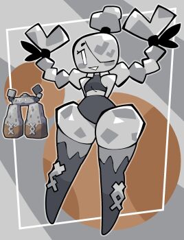 1girl bare_shoulders black_thighhighs bourbunbun colored_skin commentary english_commentary gen_8_pokemon grey_hair grey_skin hair_over_one_eye highres midriff nintendo partial_humanization pokemon reference_inset solo stonjourner thighhighs wide_hips