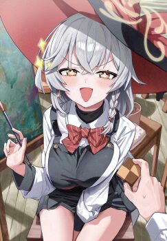 Rule 34 | 1boy, 1girl, :d, absurdres, apron, between legs, blue archive, bow, bowtie, braid, canvas (object), chair, cookie, earrings, eri (blue archive), food, halo, hat, highres, jewelry, long hair, open mouth, orange eyes, painting (object), ring, room, shirt, sitting, skirt, smile, sparkle, sparkling eyes, sweatdrop, sweater, taiga (ryukyu-6102-8), thighs, white hair, witch hat, wood floor