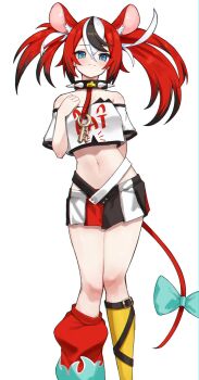 1girl animal_ears black_skirt black_streaks blue_eyes bow breasts closed_mouth collar hair_between_eyes hakos_baelz hakos_baelz_(1st_costume) highres hololive hololive_english kneehighs leg_warmers long_hair looking_at_viewer medium_breasts mouse_ears mouse_girl mouse_tail multicolored_hair multicolored_skirt navel red_hair red_leg_warmers red_skirt shirt simple_background single_kneehigh single_leg_warmer single_sock skaarl_(artist) skirt socks solo spiked_collar spikes streaked_hair tail tail_bow tail_ornament twintails virtual_youtuber white_background white_shirt white_skirt white_streaks yellow_socks