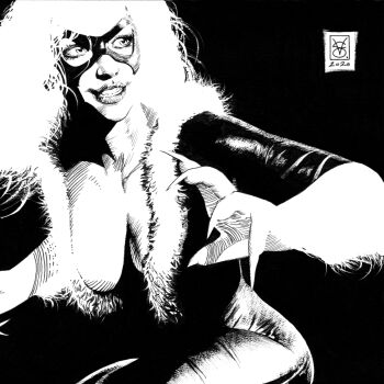 1girl 2020 artist_name black_bodysuit black_cat_(marvel) black_mask bodysuit breasts cleavage comic_cover commentary dated domino_mask english_commentary eye_mask felicia_hardy fur-trimmed_bodysuit fur_trim gloves greyscale highres latex latex_bodysuit long_hair marvel mask monochrome realistic signature simple_background smile solo spider-man_(series) superhero_costume valerio_giangiordano western_comics_(style) white_hair