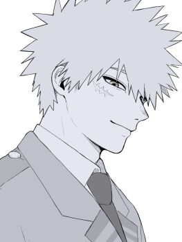 Rule 34 | 1boy, bakugou katsuki, boku no hero academia, collared shirt, facial scar, from side, greyscale, highres, jacket, lapels, looking to the side, male focus, monochrome, necktie, notched lapels, oez875, scar, scar on cheek, scar on face, school uniform, shirt, short hair, sideways glance, simple background, solo, spiked hair, u.a. school uniform, upper body, white background, wing collar