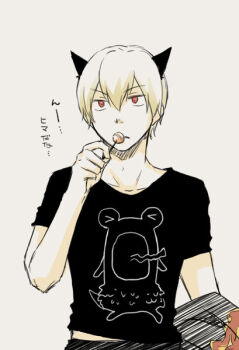 Rule 34 | 1boy, animal ears, black shirt, blonde hair, candy, cat boy, cat ears, chiya (beastbeast), coat, commentary request, food, hair between eyes, holding, holding candy, holding coat, holding food, holding lollipop, holding unworn clothes, lollipop, looking at viewer, male focus, priest (ragnarok online), ragnarok online, red eyes, shirt, short hair, simple background, solo, t-shirt, translation request, unworn coat, upper body