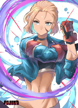1girl aqua_jacket black_sports_bra blonde_hair blue_eyes cammy_white chikoinochi closed_mouth commentary_request cropped_jacket dot_mouth eyelashes facial_scar gloves highres jacket long_sleeves midriff navel open_clothes open_jacket scar scar_on_cheek scar_on_face short_hair solo sports_bra street_fighter street_fighter_6 toned toned_female upper_body