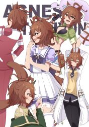 Rule 34 | 1girl, absurdres, agnes tachyon (lunatic lab) (umamusume), agnes tachyon (sigma experiment) (umamusume), agnes tachyon (umamusume), ahoge, animal ears, bikini, black bikini, black gloves, black necktie, black pantyhose, bow, bowtie, brown eyes, brown hair, character name, closed eyes, clothing cutout, commentary, crazy eyes, cup, ear ornament, earrings, flask, from behind, from side, gloves, green jacket, hair between eyes, hem peeking out, highres, holding, holding cup, holding flask, horse ears, horse girl, horse tail, huge ahoge, jacket, jewelry, lab coat, long sleeves, messy hair, multiple views, nanaken (qijian23092715), necktie, off shoulder, official alternate costume, official alternate hairstyle, pantyhose, ponytail, purple bow, purple bowtie, red track suit, round-bottom flask, short hair, short necktie, single earring, single glove, sleeves past fingers, sleeves past wrists, smirk, stretching, sweater, swimsuit, tail, tail through clothes, test tube, tied jacket, umamusume, yellow sweater