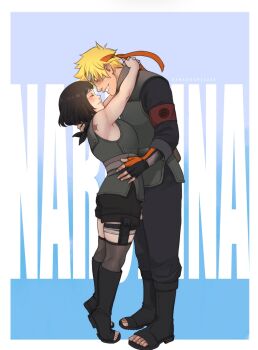 Rule 34 | 1boy, 1girl, alternate hair length, alternate hairstyle, alternate universe, armband, artist name, back, bob cut, boots, boruto: naruto next generations, breasts, closed eyes, commentary, couple, english commentary, fingerless gloves, flak jacket, forehead protector, gloves, grin, hashtag-only commentary, headband, highres, hyuuga hinata, jacket, kankuroplease, knee boots, konohagakure shinobi uniform, large breasts, naruto (series), open-toe boots, orange headband, scar, scar on shoulder, short hair, short shorts, shorts, smile, tiptoes, uzumaki naruto
