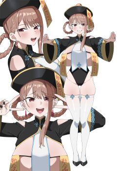 1girl :d braid braided_hair_rings breast_curtain breasts chinese_clothes clothing_cutout earrings full_body hair_rings hat high_heels highres huge_breasts jewelry jiangshi jiangshi_costume kuro_(toi_et_moi) light_blush long_sleeves looking_at_viewer nail_polish ofuda ofuda_on_nipples open_mouth original outstretched_arms pasties pumps qingdai_guanmao red_eyes ring shoulder_cutout simple_background skindentation smile thick_thighs thighhighs thighs v white_background white_thighhighs wide_sleeves zombie_pose