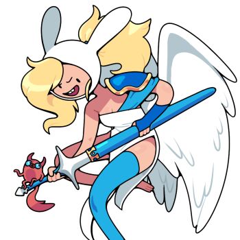 2girls adventure_time animal_ears blonde_hair blue_thighhighs cake_the_cat demon discount-supervillain dress feathered_wings fionna_campbell holding holding_sword holding_weapon long_hair multiple_girls open_mouth rabbit_ear_headwear rabbit_ears sheath sheathed simple_background single_shoulder_pad single_thighhigh sword teeth thighhighs upper_teeth_only weapon white_background white_dress white_wings wings