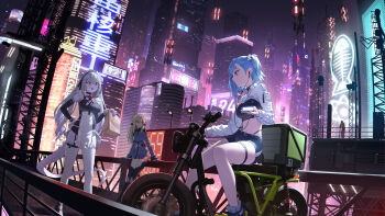3girls :d belt black_belt black_choker black_hairband black_shorts blonde_hair blue_eyes blue_hair breasts choker city cityscape closed_mouth commentary_request crop_top double_bun frilled_hairband frills grey_jacket hair_bun hairband hand_on_own_hip headphones highres holding holding_phone jacket large_breasts legs long_hair long_sleeves looking_at_another looking_to_the_side medium_breasts midriff motor_vehicle motorcycle multiple_girls navel night on_motorcycle open_mouth original parted_lips phone purple_eyes short_hair short_shorts shorts shrug_(clothing) side_ponytail sitting smile standing tail thigh_strap thighs twintails white_shrug xzu yellow_eyes