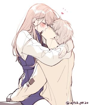 1boy 1girl arms_around_neck blue_overalls blush brown_hair cardigan closed_eyes commentary couple grey_hair heart highres kiss long_hair love_and_deepspace mtsk_0420 overalls protagonist_(love_and_deepspace) simple_background sweater twitter_username untranslatable_commentary watermark white_background white_sweater xavier_(love_and_deepspace)