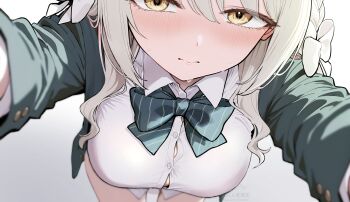 1girl black_jacket blazer blue_archive blush bow bowtie braid breasts bright_pupils button_gap buttons collared_shirt diagonal-striped_bow eyelashes from_above gluteal_fold hair_between_eyes hair_ribbon highres jacket large_breasts long_sleeves looking_at_viewer looking_up miyo_(blue_archive) no_bra no_pants popped_button reaching reaching_towards_viewer ribbon ryouta_(ryouta335) shirt sidelocks simple_background solo striped_bow sweat sweatdrop thighhighs tight_clothes white_background white_ribbon white_shirt yellow_eyes