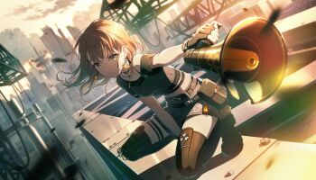 Rule 34 | 1girl, arm support, belt, belt buckle, between legs, black belt, black boots, black choker, black feathers, black gloves, black tank top, black theme, blurry, blurry background, boots, bracelet, braid, braided bangs, breasts, brown hair, buckle, cable, choker, city, cityscape, closed mouth, cloud, collarbone, colorful palette, crop top, crystal earrings, day, depth of field, dot nose, dutch angle, earrings, evening, eyelashes, fanny pack, feathers, fingerless gloves, full body, gem, gem (symbol), glaring, glint, gloves, grey eyes, hair behind ear, hair between eyes, hanasato minori, hand between legs, heart belt buckle, highres, holding, holding megaphone, jewelry, lace-up boots, light particles, limited palette, looking at viewer, medium breasts, medium hair, megaphone, midriff peek, miniskirt, motion blur, necklace, o-ring, o-ring choker, official alternate costume, official art, on rooftop, orange gemstone, orange sky, orange theme, outdoors, outstretched arm, project sekai, puffy lips, rise and strive (project sekai), rooftop, screw, sepia, serious, shadow, side braid, sidelighting, silver bracelet, silver earrings, silver necklace, silver trim, single bare shoulder, single braid, single off shoulder, skirt, sky, solo, spread legs, squatting, steel beam, sunlight, swept bangs, tank top, tareme, tassel, thigh belt, thigh boots, thigh strap, thighhighs, third-party source, truss, v-shaped eyebrows, waist tassel, zettai ryouiki, zipper, zipper pull tab