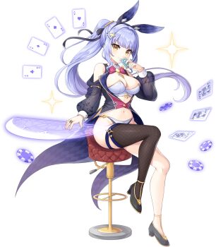 Rule 34 | 1girl, ace (playing card), ace of clubs, ace of diamonds, ace of hearts, ace of spades, animal ear hairband, animal ears, artist request, asymmetrical legwear, bare shoulders, breasts, card, cleavage, club (shape), detached sleeves, diamond (shape), fake animal ears, fishnets, four-pointed star, full body, game cg, groin, hairband, heart, high heels, highres, holding, holding card, jack (playing card), jack of spades, jewelry, king (playing card), king of spades, legend clover, light smile, mole, navel, official alternate costume, official art, playing card, poker chip, poker table, ponytail, queen (playing card), queen of hearts (playing card), rabbit ear hairband, rabbit ears, ring, see-through clothes, see-through sleeves, single bare leg, solo, solomon (legend clover), spade (shape), table, third-party source, transparent background, yellow eyes