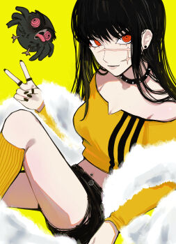 1girl absurdres aegyo_sal black_hair black_shorts chainsaw_man collar crop_top cross_scar earrings facial_scar fur_scarf highres jewelry long_hair looking_at_viewer multiple_rings navel_piercing off-shoulder_sweater off_shoulder piercing red_eyes ring ringed_eyes sailen0 scar scar_on_cheek scar_on_face shorts simple_background socks solo spiked_collar spikes stud_earrings sweater v war_devil_(chainsaw_man) yellow_background yellow_socks yellow_sweater yellow_theme yoru_(chainsaw_man)