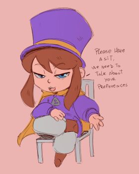 1girl a_hat_in_time blue_eyes boots brown_boots brown_hair cape chair english_text engrish_text full_body grey_pants hat hat_kid jacket long_sleeves looking_at_viewer pants purple_hat purple_jacket ranguage sidelocks simple_background sitting solo spicy_bardo top_hat yellow_cape