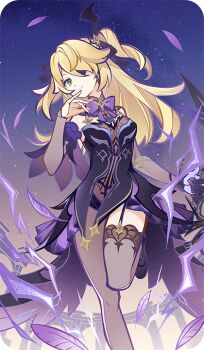 1girl asymmetrical_legwear bad_source black_pantyhose black_thighhighs blonde_hair eyepatch fischl_(genshin_impact) garter_straps genshin_impact gloves green_eyes hand_up long_hair looking_at_viewer night official_art outdoors pantyhose single_garter_strap single_glove single_leg_pantyhose single_thighhigh sky solo standing standing_on_one_leg star_(sky) starry_sky thighhighs two_side_up uneven_legwear