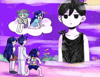 2girls 4boys alternate_eye_color antenna_hair arms_behind_back aubrey_(headspace)_(omori) aubrey_(omori) barefoot basil_(headspace)_(omori) basil_(omori) black_eyes black_hair black_shoes black_tank_top blue_overalls blue_shirt blush book bow bright_pupils brother_and_sister brothers cat checkered_clothes closed_eyes closed_mouth cloud collarbone collared_pajamas colored_skin commentary_request copyright_name double-parted_bangs expressionless flower flower_wreath green_hair green_shirt hair_between_eyes hair_bow hand_on_another&#039;s_shoulder head_wreath hero_(headspace)_(omori) hero_(omori) holding holding_book kel_(headspace)_(omori) kel_(omori) long_hair long_shirt looking_at_another mari_(headspace)_(omori) mari_(omori) mewo multiple_boys multiple_girls omori omori_(omori) open_mouth overall_shorts overalls pajamas pants pink_bow pleated_skirt purple_hair purple_shorts purple_sky purple_sweater_vest rasu_(pixiv9799832) red_eyes red_skirt shirt shoes short_hair short_sleeves shorts siblings sidelocks sitting skirt sky smile socks sparkle standing striped_clothes striped_pajamas striped_pants sweatdrop sweater_vest t-shirt tank_top vertical-striped_clothes vertical-striped_pajamas vertical-striped_pants white_pajamas white_pants white_pupils white_shirt white_skin white_socks