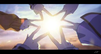 6+girls aikawa_megumi asakura_karen_(heaven_burns_red) backlighting commentary_request day film_grain gomi_chihiro hand_focus heaven_burns_red highres izumi_yuki_(heaven_burns_red) kayamori_ruka kunimi_tama letterboxed long_sleeves multiple_girls outdoors signature sleeves_past_wrists sunlight team_31a_(heaven_burns_red) toujou_tsukasa v wide_sleeves