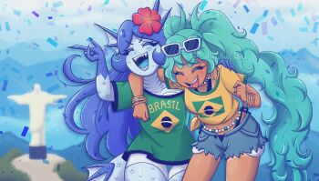 1girl 2girls aqua_hair arm_behind_another's_back artist_self-insert bead_choker beads belly_chain bikini blue_hair blue_scales blue_skin bracelet brazil brazilian_flag brazilian_flag_print brazilian_miku christ_the_redeemer colored_skin dark-skinned_female dark_skin earrings exposed_pocket eyewear_on_head fins flag_print flower gills gold_earrings green_shirt hair_flower hair_ornament hatsune_miku head_fins highres jewelry lollothechoco long_hair mermaid monster_girl multiple_bracelets multiple_girls original rectangular_earrings scales sharp_teeth shirt shorts shorts_tan sunglasses swimsuit tan tanline tanline_peek teeth twintails vocaloid watermark white-framed_eyewear yellow_shirt