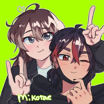 2girls :t \n/ ahoge artist_self-insert black_hair black_hoodie black_jacket black_mask black_nails blush brown_hair closed_mouth commentary cosplay crossed_bangs ear_piercing english_commentary genderswap genderswap_(mtf) green_background grey_eyes hand_up heart heart_ahoge highres hood hoodie jacket kayano_mikoto kininatteru_hito_ga_otoko_ja_nakatta koga_mitsuki koga_mitsuki_(cosplay) long_hair mask mask_pull milgram mouth_mask multicolored_hair multiple_girls oc_x_canon one_eye_closed original outline piercing ponytail pose_imitation red_eyes red_hair ship_name short_hair short_ponytail smile streaked_hair tae_(tomi) tomi_(moniitoring) upper_body white_outline