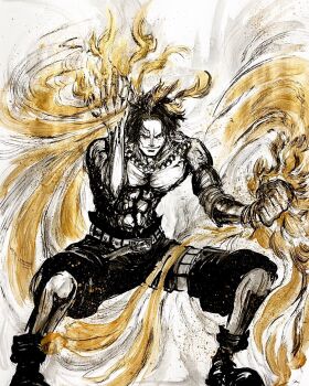 Rule 34 | 1boy, abs, boots, brushbox2022, clenched hand, commentary, commentary request, fire, freckles, greyscale, highres, jewelry, looking at viewer, male focus, monochrome, necklace, one piece, pearl necklace, portgas d. ace, short hair, shorts, smile, solo, spot color, topless male