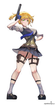 1girl absurdres bare_legs between_breasts black_skirt blonde_hair blue_gloves blue_necktie blush bolt_action breasts collared_shirt corset cropped_vest full_body girls&#039;_frontline gloves green_eyes gun hand_up handgun highres hip_focus holding holding_gun holding_weapon holster large_breasts legs medium_breasts medium_hair necktie necktie_between_breasts pinkturnip232 pleated_skirt serious shirt skirt solo striped_clothes striped_skirt striped_vest thigh_holster thigh_strap thighs twintails vertical-striped_clothes vertical-striped_skirt vertical-striped_vest vest weapon welrod welrod_mkii_(girls&#039;_frontline) white_shirt