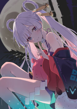Rule 34 | 1girl, absurdres, bamboo, bare shoulders, blue eyes, cho kaguya-hime!, cowboy shot, finger to mouth, full moon, fushi (cho kaguya-hime!), hair ornament, hair rings, hashtag-only commentary, highres, japanese clothes, kimono, looking at viewer, moon, octopus, rezin531, runami yachiyo, smile, teeth, thighs, twintails, white hair