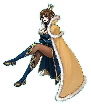 1girl arms_under_breasts blue_boots blue_dress blue_eyes boots breasts brown_cape brown_hair cape cleavage closed_mouth commentary_request crossed_arms crown dress expressionless full_body fur-trimmed_cape fur_trim futatsuki_(perfect_lovers) invisible_chair large_breasts looking_at_viewer pointy_ears ragnarok_online short_hair simple_background sitting solo white_background wizard_(ragnarok_online)